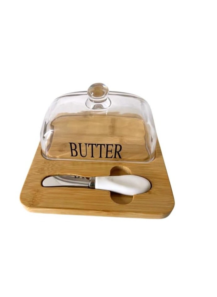 Butter and cheese dish with wooden base, knife and glass lid (18×18×10 cm)  - Image 2