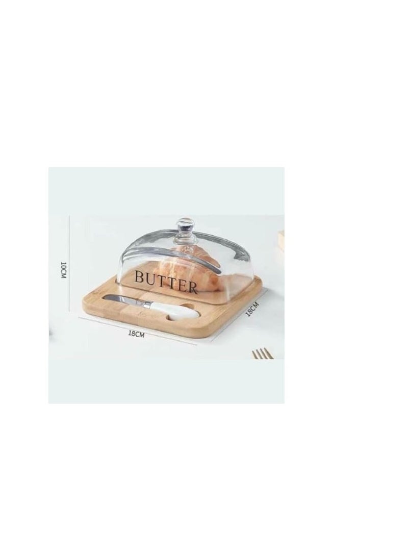 Butter and cheese dish with wooden base, knife and glass lid (18×18×10 cm)  - Image 3