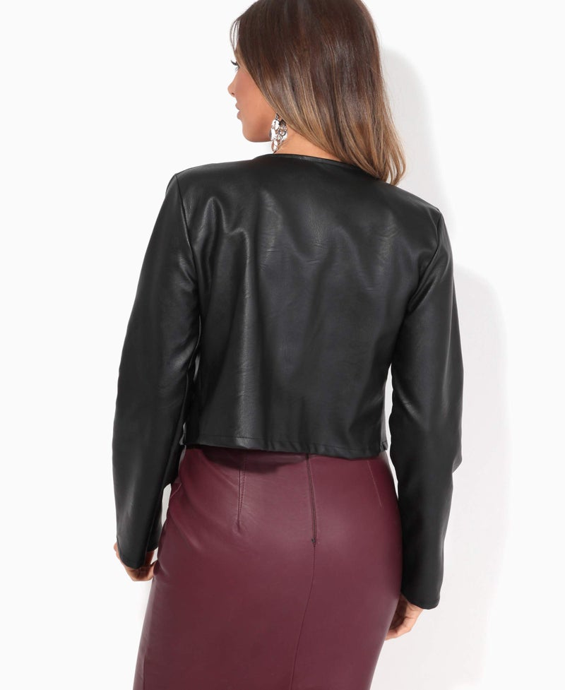 KRISP Women PU Leather Cropped Jacket Long Sleeve Bolero[4432-BLK-L] Black, Large - Image 2