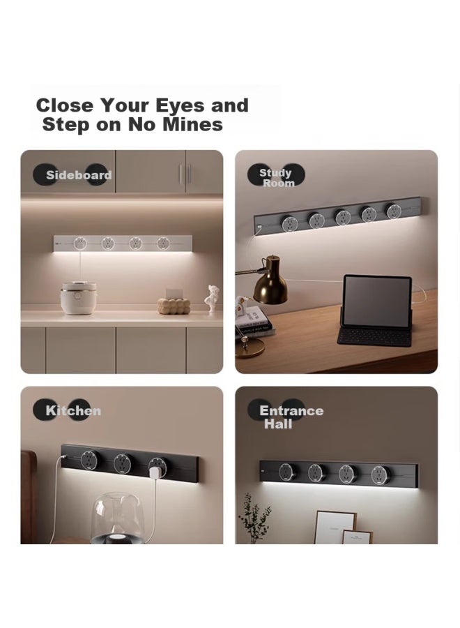 Oaks Aokesi Led Strip Track Socket With Usb Sensor Light, Movable Surface-mounted No-drilling Installation, 800mm + 5 Five-hole Sockets, White - Image 3