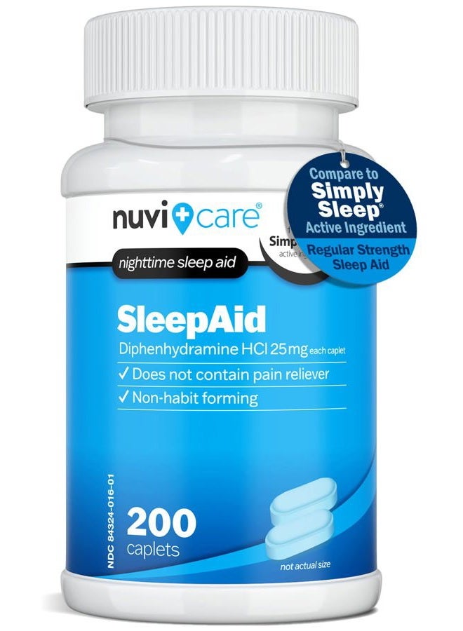 NUVICARE مساعد النوم الليلي مع ديفينهيدرامين HCl 25 ملغ - أقراص نوم عادية القوة غير مسببة للإدمان للبالغين - لا تحتوي على مسكنات للألم - مساعدات نوم بدون وصفة طبية للبالغين (200 قرص)  - Image 1