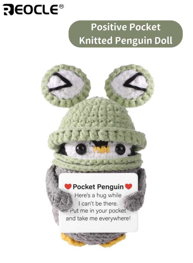 ريوكل دمية البطريق محبوك في قبعة الضفدع مع بطاقة إيجابية الصوف لعبة الجيب التشجيع هدية التخرج هدية مناسبة للديكور المنزلي رفيق يومي مثالي للأصدقاء للجنسين البالغين الأطفال - Image 1