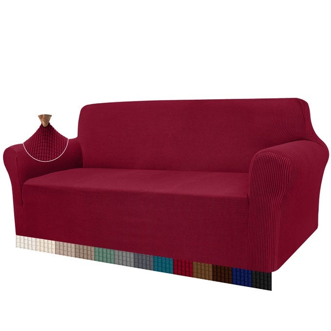 HIGH STRETCH SOFA COVERS 3 SEATER SUPER SOFT STYLISH COUCH COVERS FOR DOGS PETS CATS JACQUARD SPANDEX NON SLIP SOFA SLIPCOVER FOR LIVING ROOM FURNITURE PROTECTOR 3 SEATER WINE RED