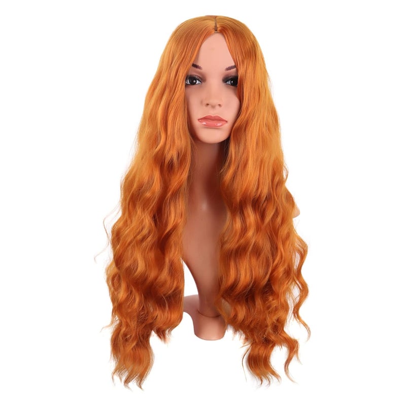MapofBeauty 28 Inch70 cm Long Wavy Middle Part with No Bangs Synthetic Fiber Curly Fashion Women Party Cosplay Wig Orange
