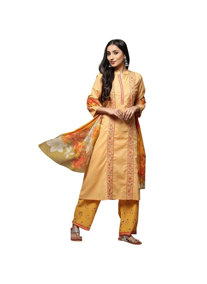 Biba BIBA Cotton Women Printed Straight Salwar Kurta Dupatta(Skd7134E_Yellow_34)  - Image 1