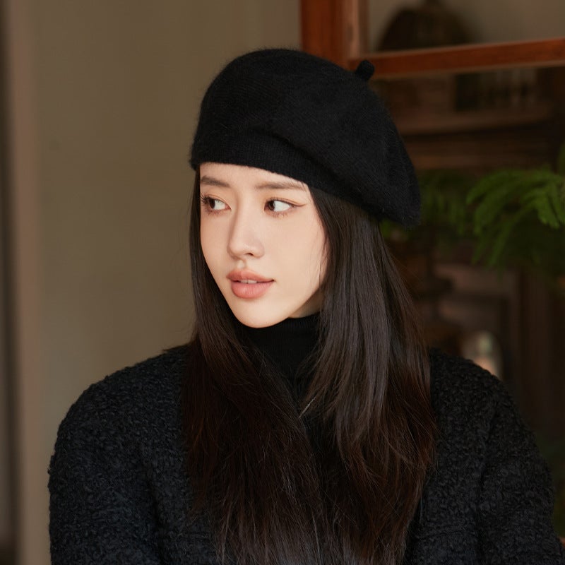 Hat Womens Autumn and Winter Rabbit Fur Beret Solid Color All-match Knitted Wool Hat Winter Warm Painter Hat Bud Hat Trendy MM1164 Black
