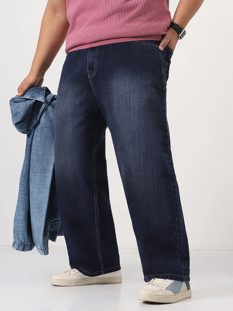 Urbano Plus Men's Dark Blue Loose Baggy Fit Washed Denim Jeans Non-Stretchable