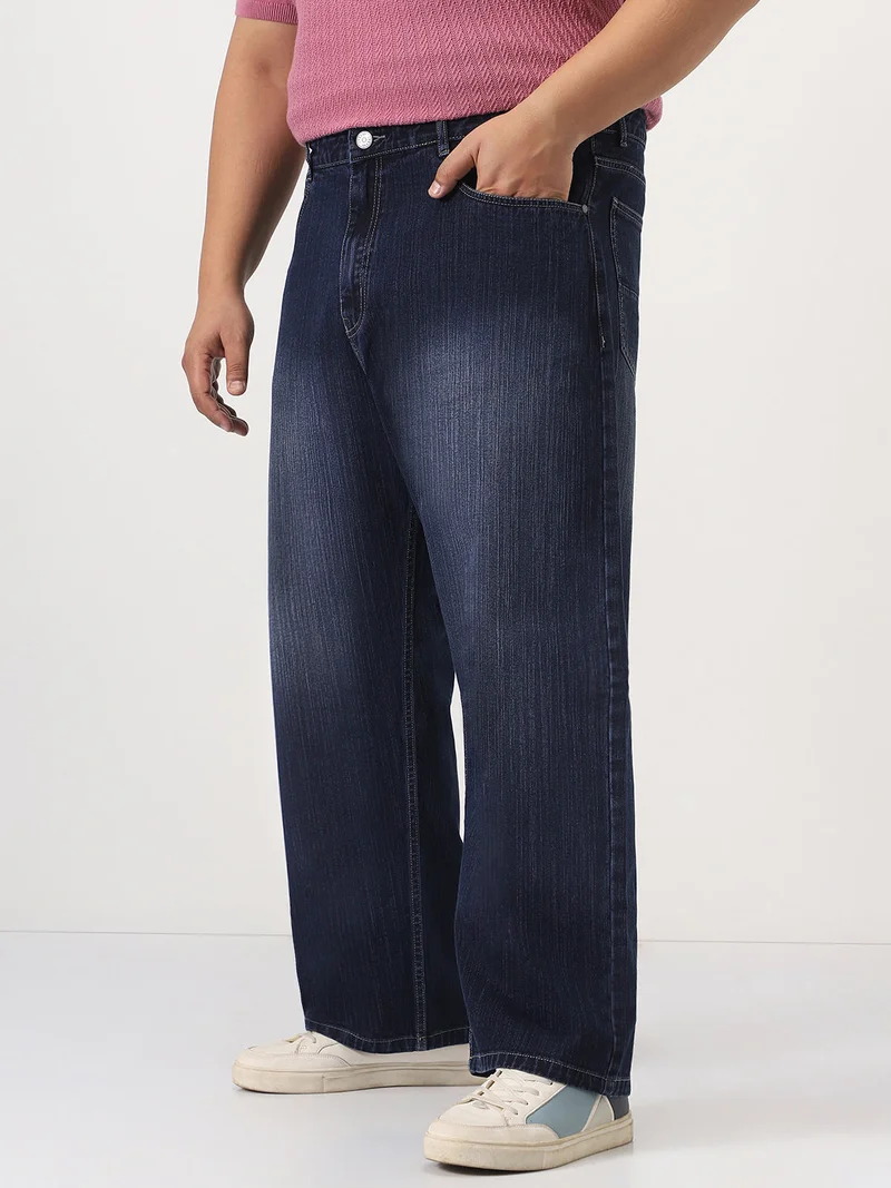 Urbano Fashion  Urbano Plus Men's Dark Blue Loose Baggy Fit Washed Denim Jeans Non-Stretchable  | Best Price UAE