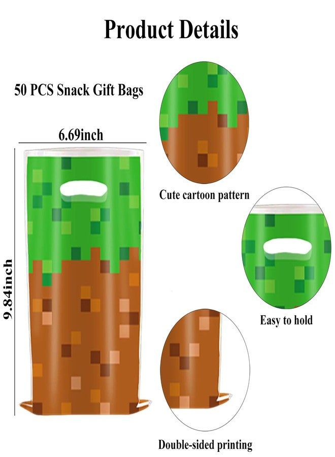 Hazyore 50Pcs Pixel Party Favors Bags, Video Game Goodie Bag with Handles for Birthday Party Theme Candy Treat Cookie Bags Green and Brown Video Game Theme Party Goodies Candy Snack Treat Bags - Image 2