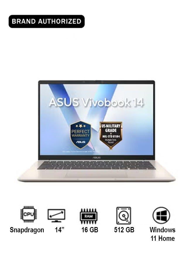 ASUS X1407QA-LY045W Vivobook Laptop with 14-Inch WUXGA Display,Snapdragon X1-26-100 Processor/16GB RAM/512GB SSD/Qualcomm Adreno GPU/Windows 11 English Platinum Gold - Image 1