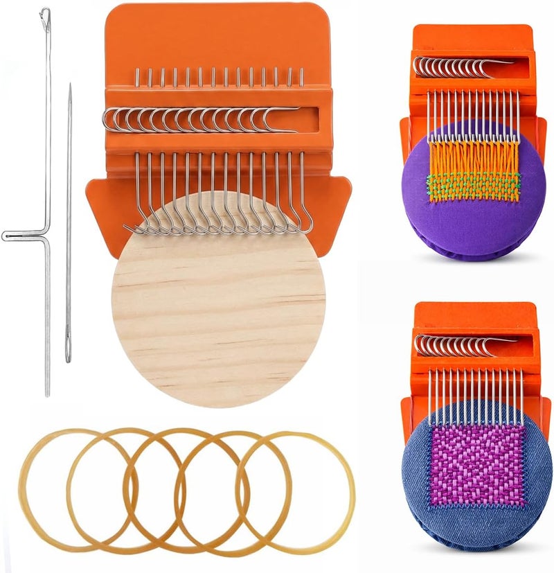 Rumexeng Small Weaving Loom, Speedweve Style Darning Loom, Wooden Mini Weave Tool for Visible Mending Jeans, Socks, Clothes and DIY Fabric Repair, Decorative Stitching Tool (14 Hooks,Orange) - Image 1