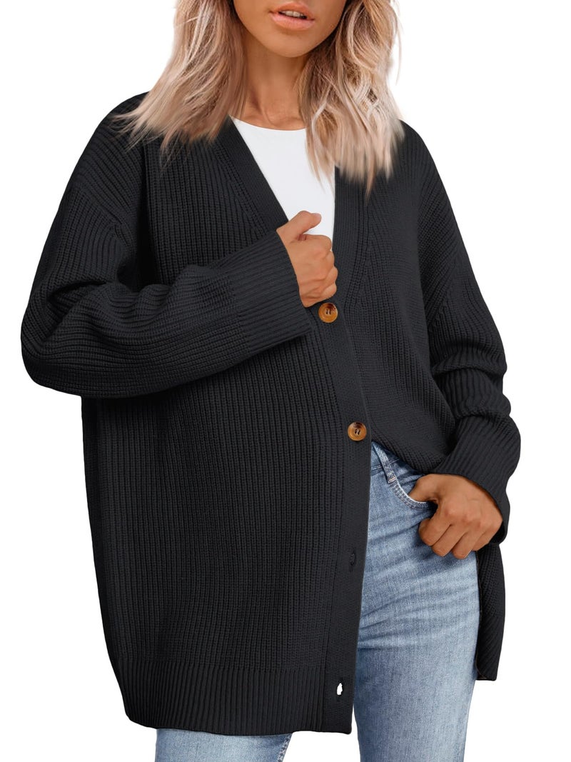 LILLUSORY Women Oversized Cardigan Sweater 2025 Fall Outfits Cloth Fashion V Neck Knit Button Front Casual Trendy Tops Black X-Large - Image 1