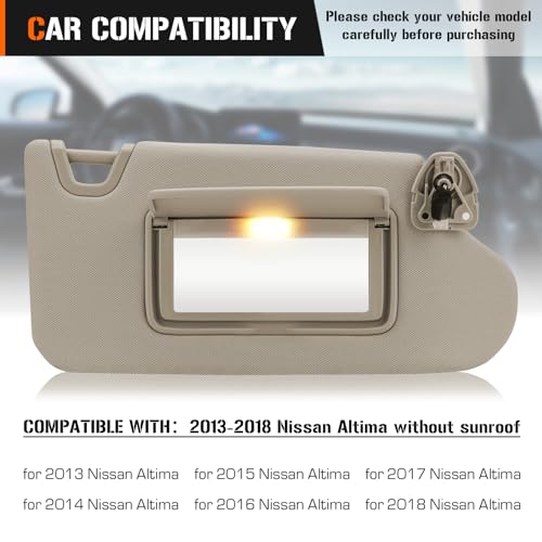 AEagle Left & Right Sun Visor with Vanity Light for 2013-2018 Nissan Altima Without Sunroof, Driver & Passenger Side Beige Sunvisor Replacement 96400-3TA2A 96401-3TA2A - Image 2