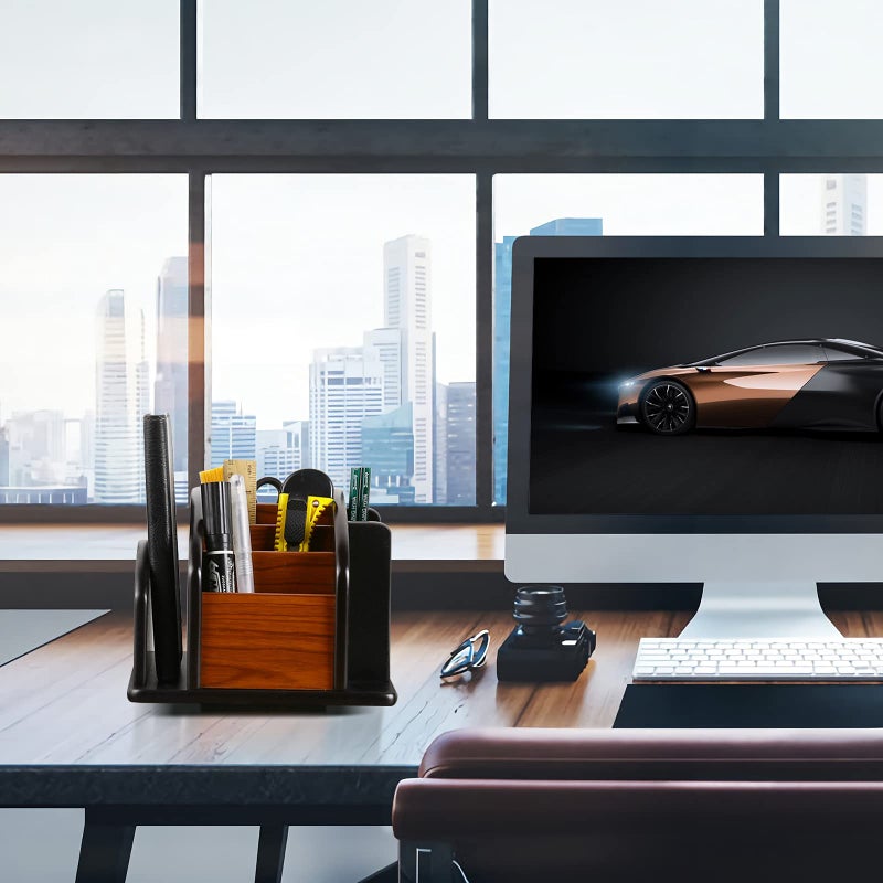 Siveit Wooden Desk Organizer, Desktop Office Supplies Storage Remote Control Caddy Holder (6-Compartment) - Image 3