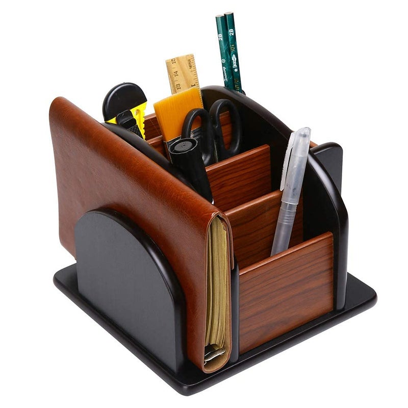 Siveit Wooden Desk Organizer, Desktop Office Supplies Storage Remote Control Caddy Holder (6-Compartment) - Image 2