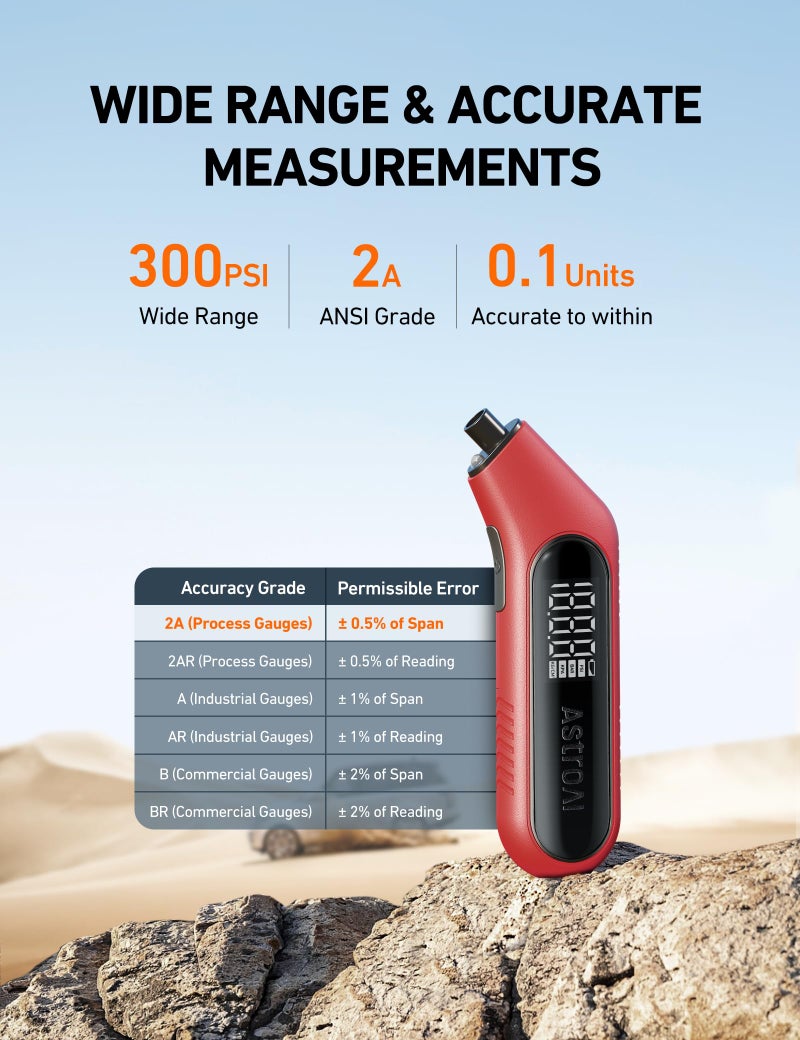 AstroAI Digital Tire Pressure Gauge 3-300PSI Calibrated to ANSI B40.7 Grade 2A (0.5%), Backlight and Flashlight, Presta Valve Adaptor Included, 4 Units, AAA Batteries, Red - Image 2