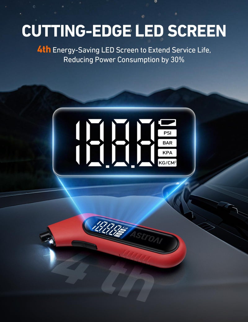 AstroAI Digital Tire Pressure Gauge 3-300PSI Calibrated to ANSI B40.7 Grade 2A (0.5%), Backlight and Flashlight, Presta Valve Adaptor Included, 4 Units, AAA Batteries, Red - Image 4