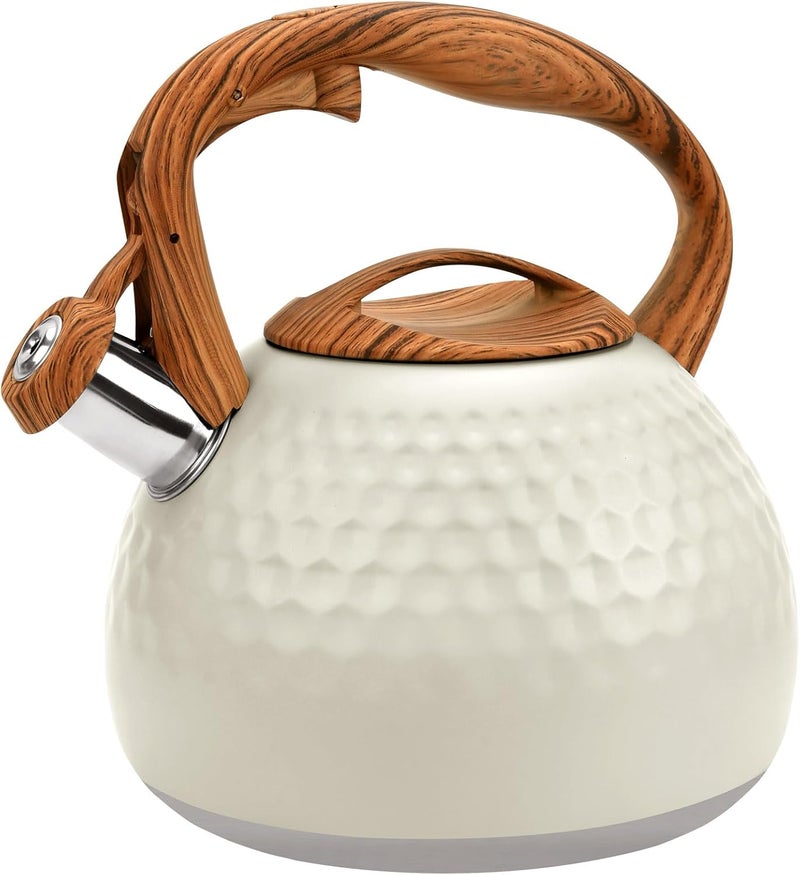 GGC Tea Kettle for Stove Top, Loud Whistling Kettle for Boiling Water Coffee or Milk, 3.1 Quart 3L Heavy Stainless Steel White Kettles with Wood Pattern Handle, Unique Button Control Kettle Outle - Image 1