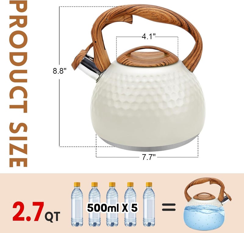 GGC Tea Kettle for Stove Top, Loud Whistling Kettle for Boiling Water Coffee or Milk, 3.1 Quart 3L Heavy Stainless Steel White Kettles with Wood Pattern Handle, Unique Button Control Kettle Outle - Image 3