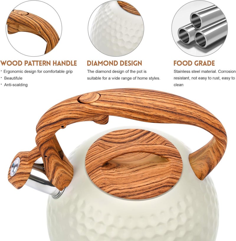 GGC Tea Kettle for Stove Top, Loud Whistling Kettle for Boiling Water Coffee or Milk, 3.1 Quart 3L Heavy Stainless Steel White Kettles with Wood Pattern Handle, Unique Button Control Kettle Outle - Image 2