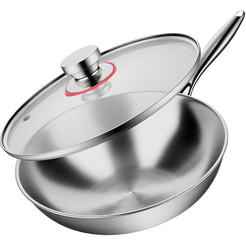 LOLYKITCH TriPly 13 Inch Stainless Steel Wok Pan with Lid StirFrying PanInduction WokDishwasher and Oven SafeHeavy Duty and Detachable handle