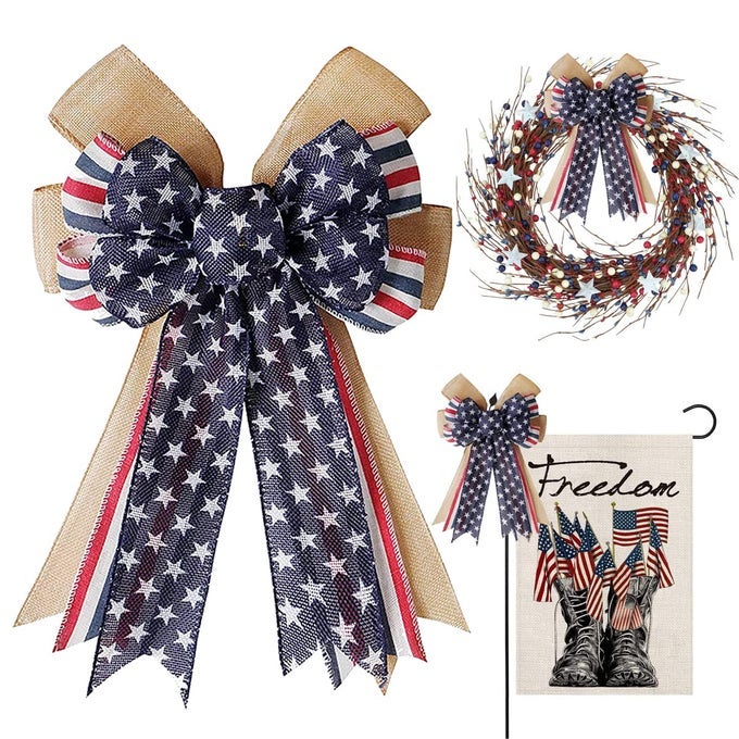 Patriotic Decor Bows for WreathsBurlap Red White Blue Stripe Stars Tree Topper Bow for 4th of JulyIndependence DayMemorial DayVeterans DayFront Door Indoor Outdoor Decorations