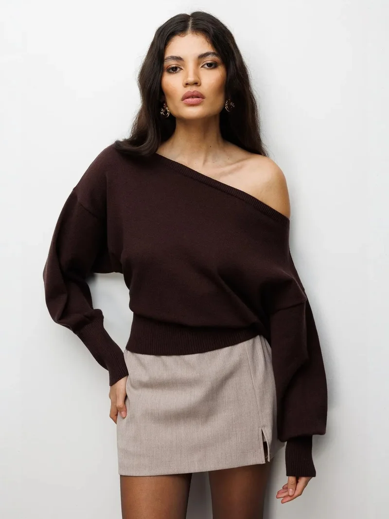 ميكسراي Boat Neck Balloon Sleeve Relaxed Fit Knit Sweater