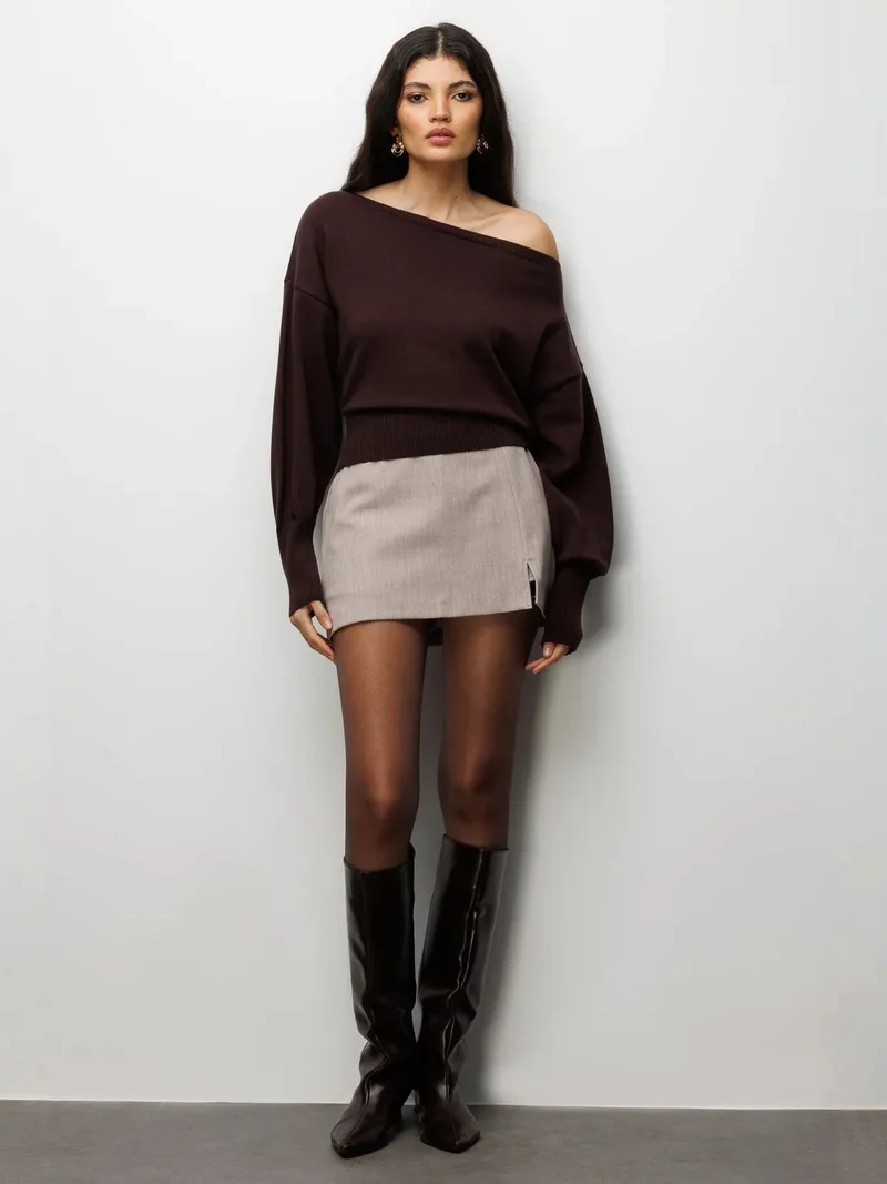 MixRay Boat Neck Balloon Sleeve Relaxed Fit Knit Sweater