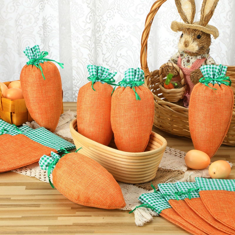 Shinylin 12 Pcs Easter Carrot Gift Bags Easter Fabric Drawstring Bag Carrot Candy Goody Treat Bags for Spring Basket Stuffers Egg Hunt Outdoor Party Favor Supplies, 5 x 9.5 Inch - Image 4