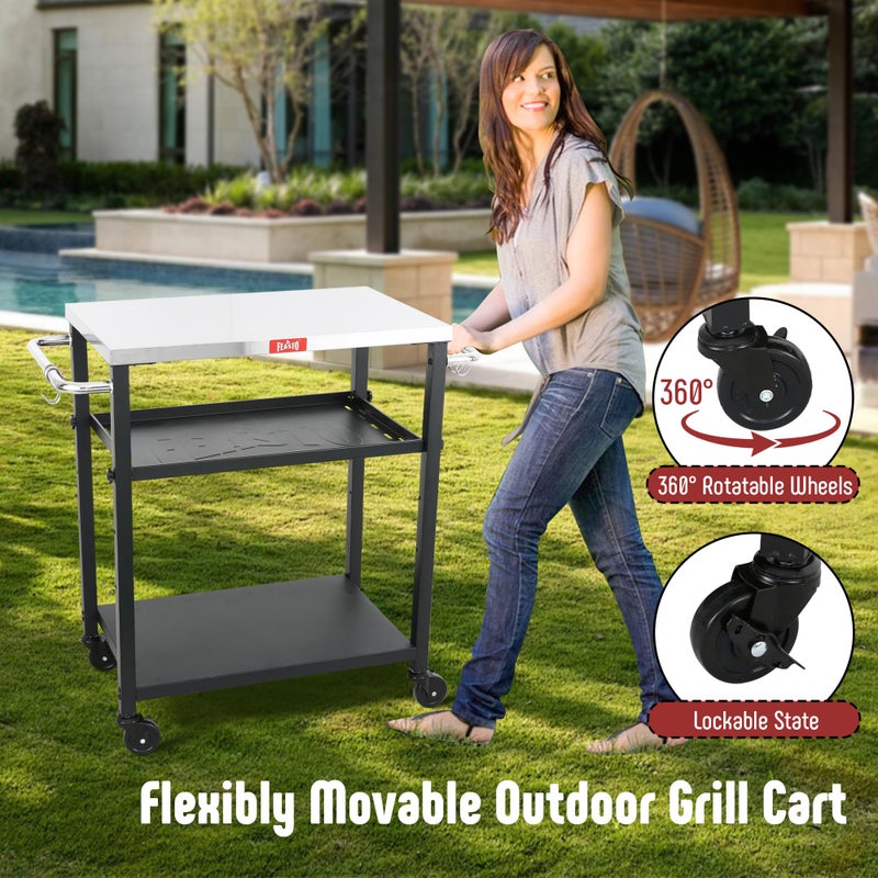 Feasto 3-Shelf Grill Table, Pizza Oven Stand with Shelf, Movable Pizza Oven Grill Cart, Grill for Outside, Outdoor Bar Cart with Wheels, Stainless Steel top, L26.6xW16.1 Tabletop - Image 2