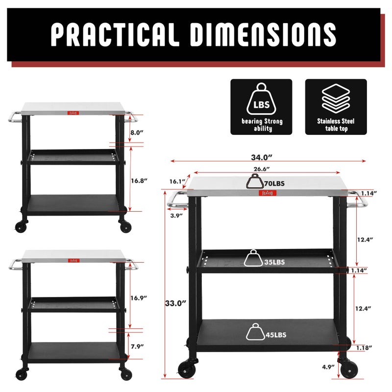 Feasto 3-Shelf Grill Table, Pizza Oven Stand with Shelf, Movable Pizza Oven Grill Cart, Grill for Outside, Outdoor Bar Cart with Wheels, Stainless Steel top, L26.6xW16.1 Tabletop - Image 4