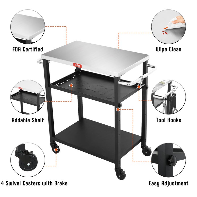 Feasto 3-Shelf Grill Table, Pizza Oven Stand with Shelf, Movable Pizza Oven Grill Cart, Grill for Outside, Outdoor Bar Cart with Wheels, Stainless Steel top, L26.6xW16.1 Tabletop - Image 5