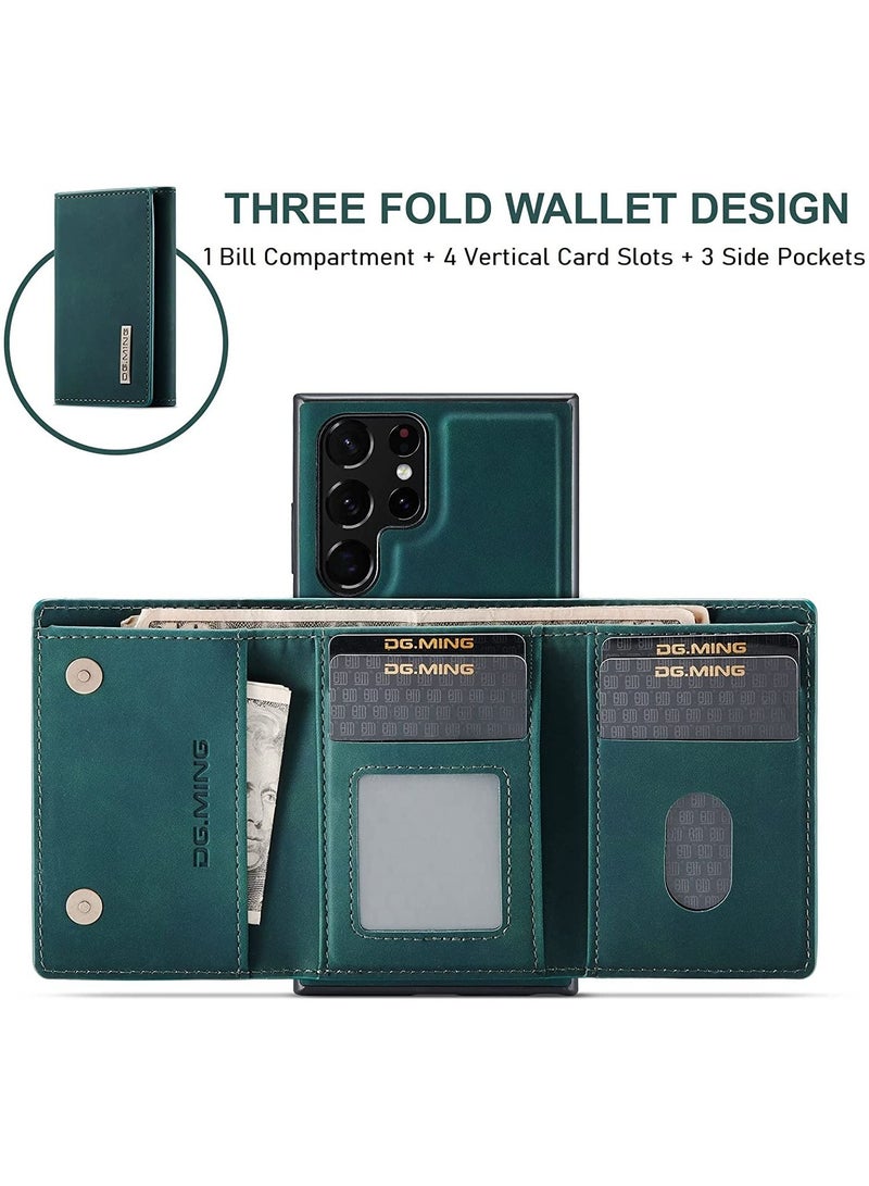 Dg مينغ جراب محفظة قابض 2 في 1 لهاتف Samsung Galaxy S22 Ultra ، DG.MING ريترو رفيع جراب هاتف جلدي مغناطيسي قابل للفصل ومحفظة ثلاثية الطي لهاتف Samsung Galaxy S22 Ultra (أخضر) - Image 4