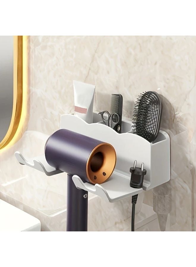 White Wall Mounted Hair Dryer Rack Durable Plastic Organizer With 2 Shelves Space Saving - Image 1