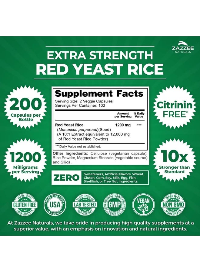 زازي كبسولات أرز الخميرة الحمراء ذات القوة الإضافية 10:1، 1200 مجم خالية من السيترينين، 200 كبسولة نباتية غير مشععة، نونجمو وكل طبيعي يدعم صحة القلب والأوعية الدموية والدورة الدموية - Image 3