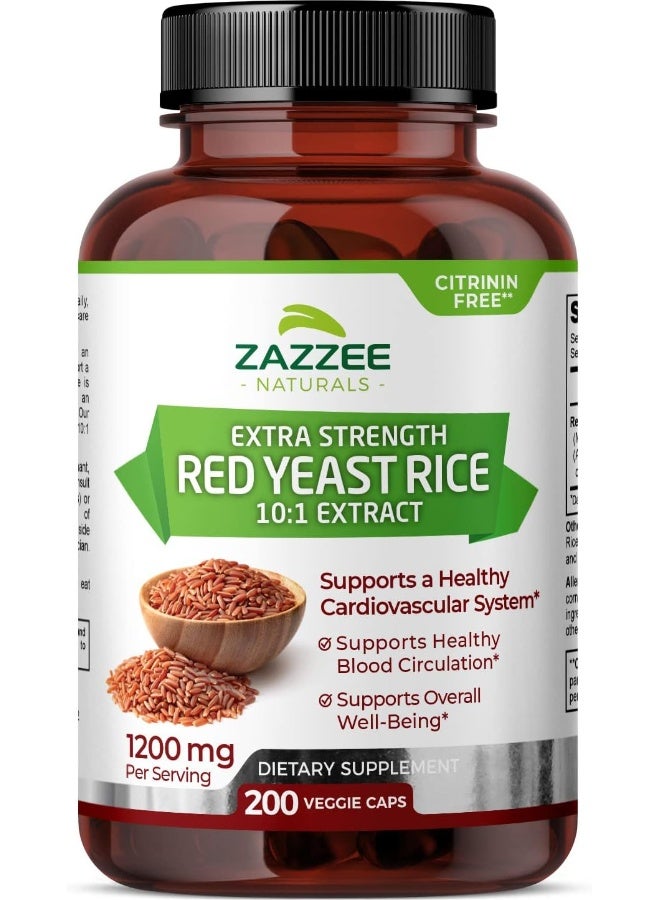 زازي كبسولات أرز الخميرة الحمراء ذات القوة الإضافية 10:1، 1200 مجم خالية من السيترينين، 200 كبسولة نباتية غير مشععة، نونجمو وكل طبيعي يدعم صحة القلب والأوعية الدموية والدورة الدموية - Image 1