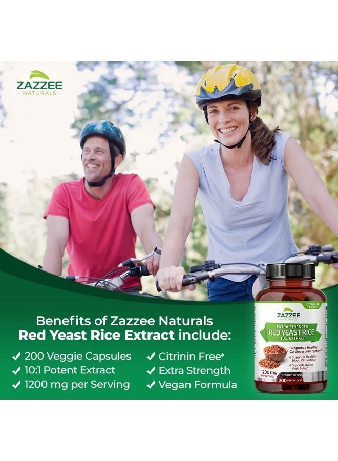 زازي كبسولات أرز الخميرة الحمراء ذات القوة الإضافية 10:1، 1200 مجم خالية من السيترينين، 200 كبسولة نباتية غير مشععة، نونجمو وكل طبيعي يدعم صحة القلب والأوعية الدموية والدورة الدموية - Image 2
