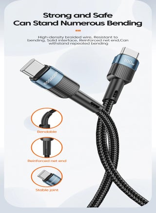 High quality braided cable C To C , 2 meter long, supports fast charging up to 60 watts, Black - view 4