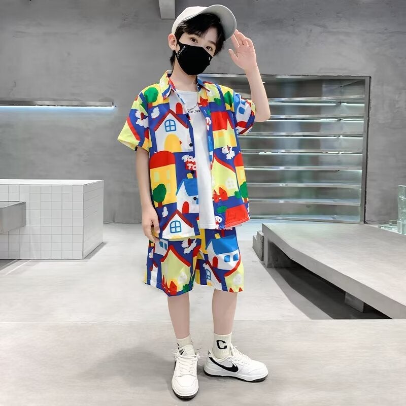 Summer 2024 New Casual Sports suit Boys Short-sleeved Shirt Trendy Brand Five-point Shorts Loose Hong Kong-style Two-piece Set Color