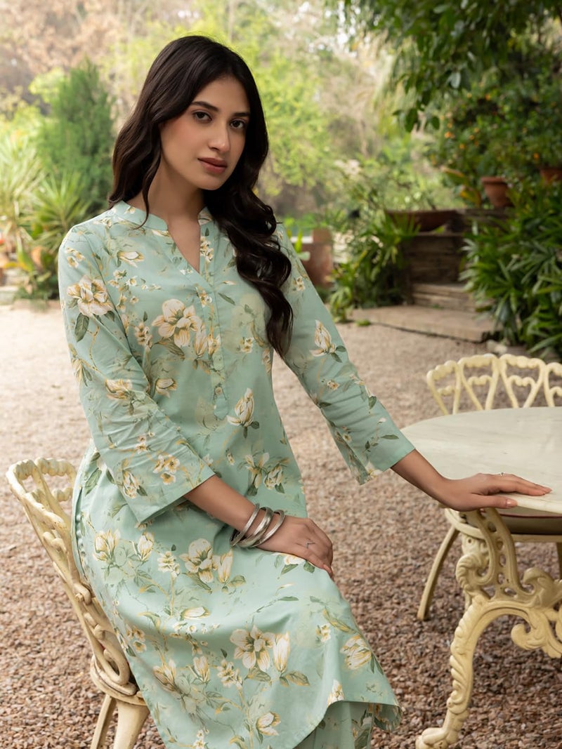 FIORRA Women's Pista Green Cotton Printed Co-ord Set - Image 4