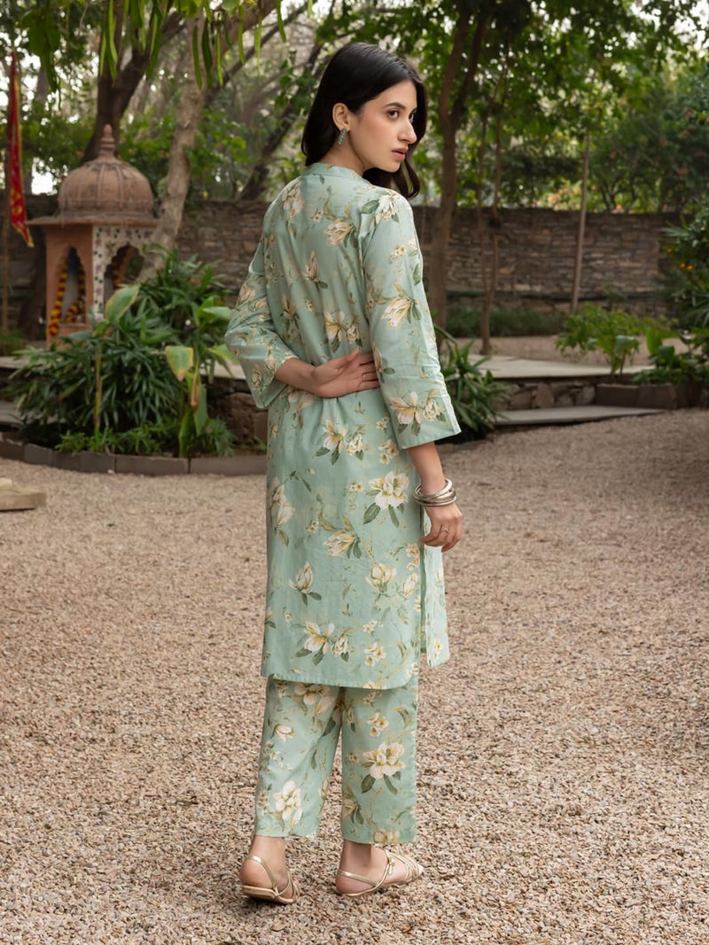 FIORRA Women's Pista Green Cotton Printed Co-ord Set - Image 2