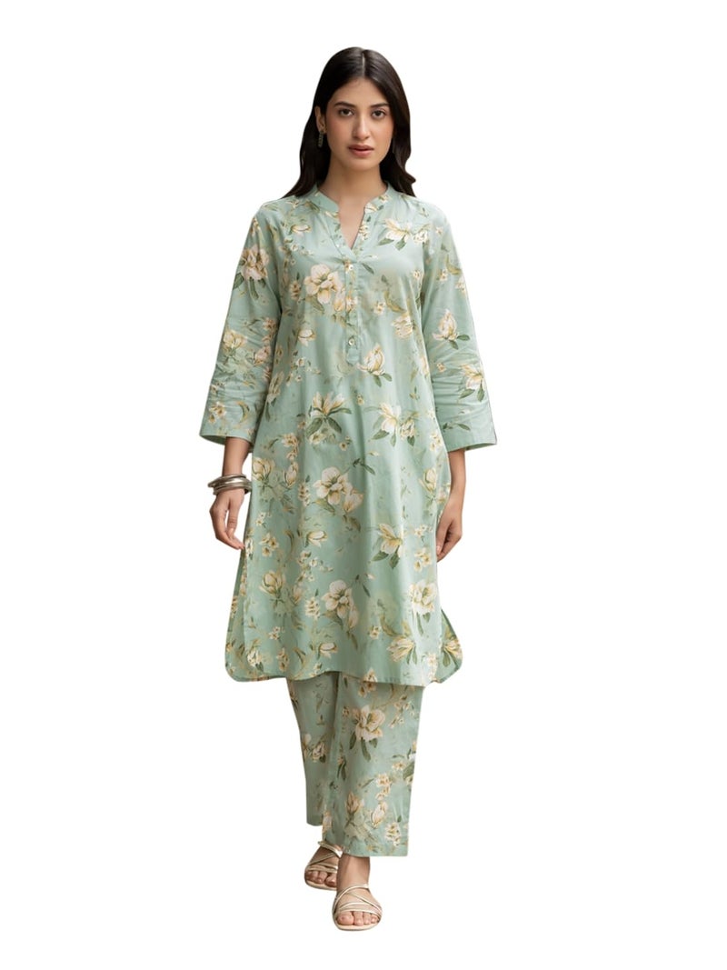 FIORRA Women's Pista Green Cotton Printed Co-ord Set - Image 1