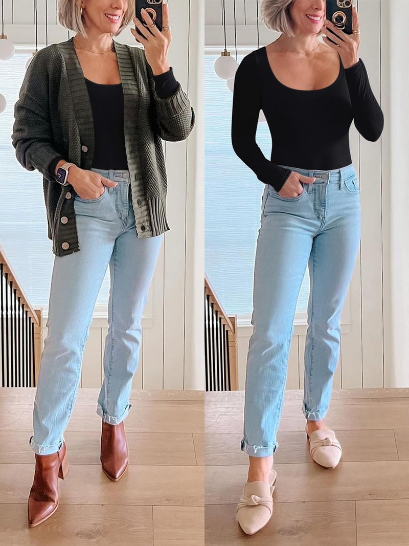 REORIA Womens Basic Sexy Scoop Neck Long Sleeve Leotards Fashion Fall Outfits Double Lined Layering Slim Soft Bodysuits Tops Black Medium - Image 5