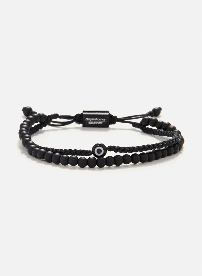 CHRYSOSTOMOS Handmade Adjustable Beaded Multi-Line Bracelet with Onyx, Braided Design and Black Glass Evil Eye, Macrame Adjustable Tying