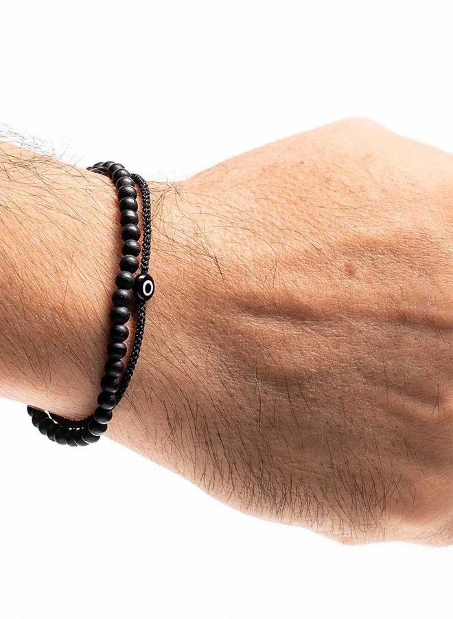 CHRYSOSTOMOS Handmade Adjustable Beaded Multi-Line Bracelet with Onyx, Braided Design and Black Glass Evil Eye, Macrame Adjustable Tying