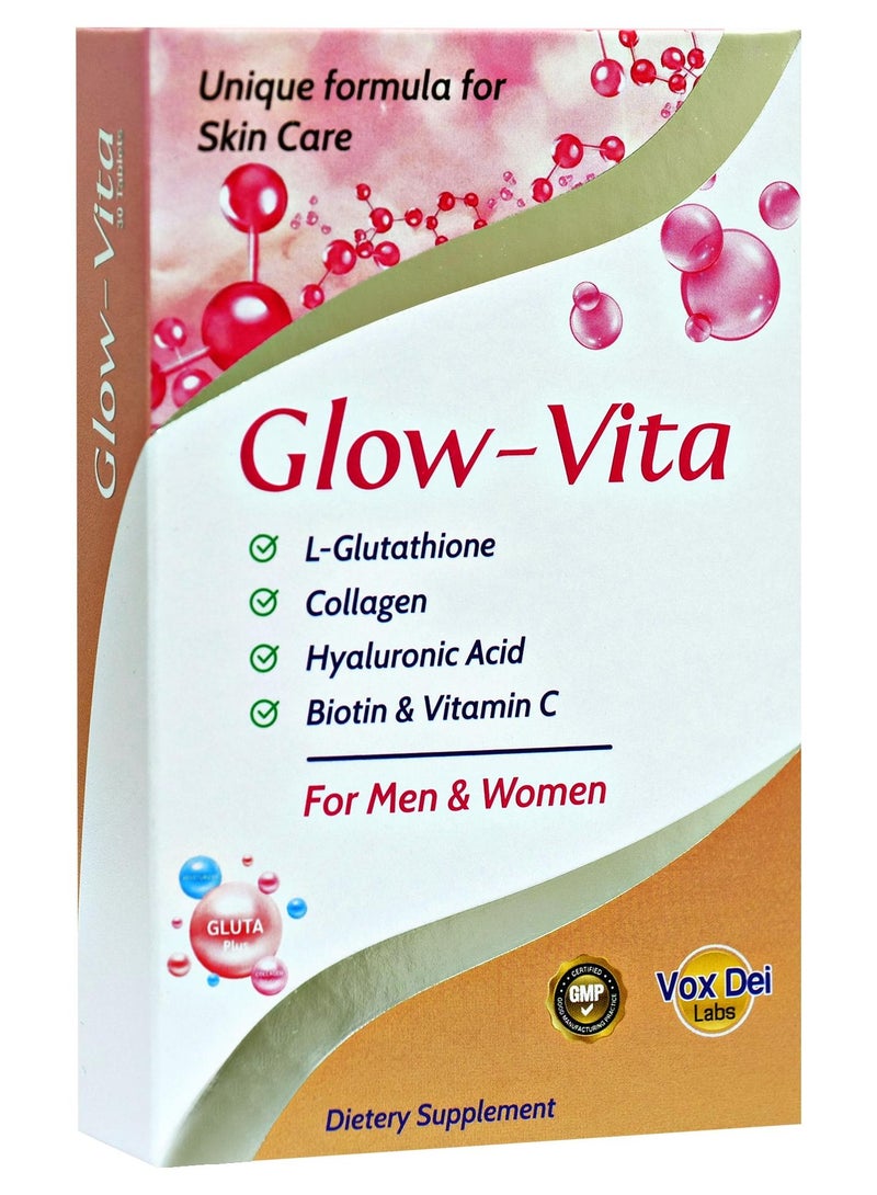 VOX DEI LABS أقراص العناية بالبشرة Glow Vita – تركيبة فريدة من نوعها تحتوي على الجلوتاثيون والكولاجين وحمض الهيالورونيك والبيوتين وفيتامين سي لبشرة مشرقة | 30 قرصًا للرجال والنساء - Image 1