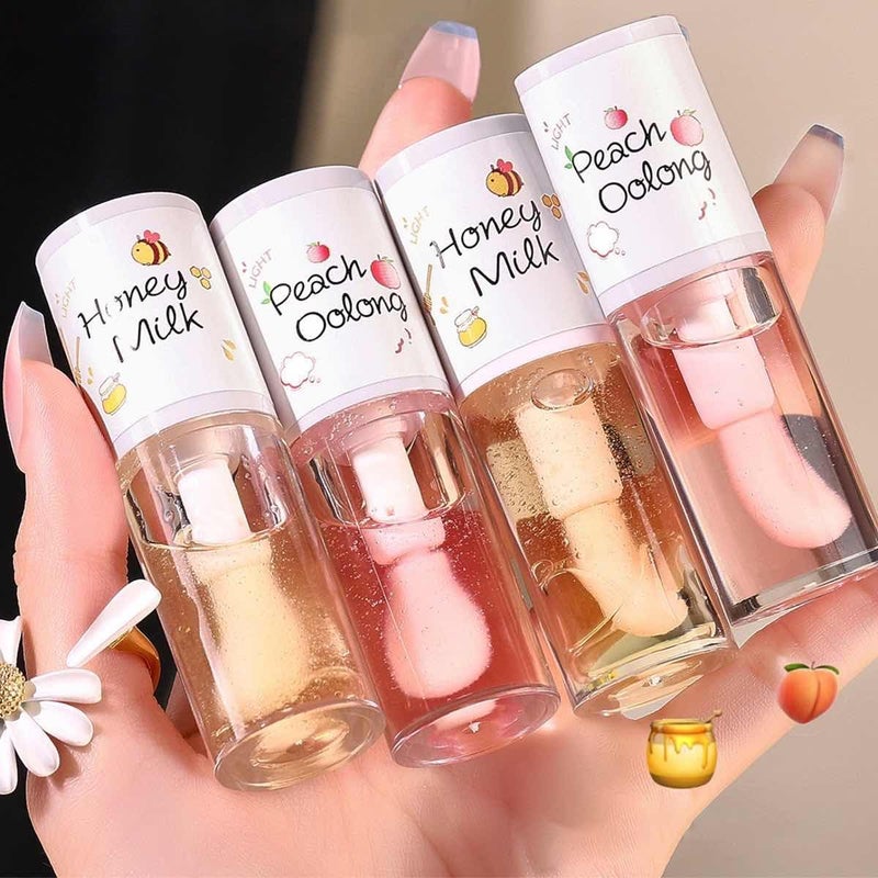 4Pcs Hydrating Clear Lip OilCrystal Jelly Honey Lip Gloss with Big BrushLong Lasting Nourishing Lip Care Lip Glow OilMoisturizing Tinted Lip BalmFresh Texture Clear Lip Gloss Lip Makeup