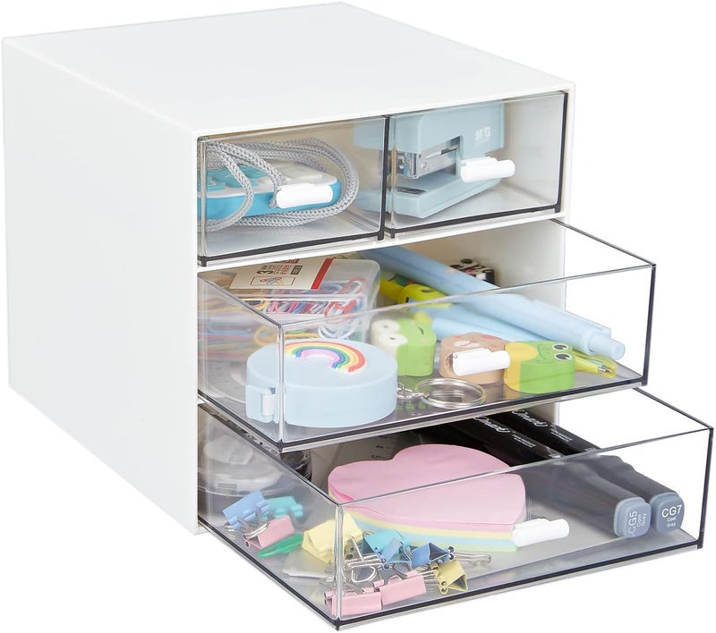 LETURE Desk Organizer with 4 Drawers, Clear Plastic Desk Storage Box, Desktop Organization for Office Supplies, Gel Pens, Pencils, Markers, Tape, Erasers, Paperclips, Chargers (White-4 Draws) - Image 4
