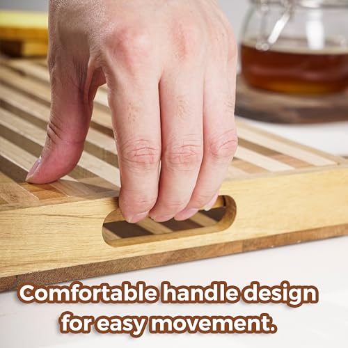 Nuvograin Wood Bread Cutting Board With Slicer, Crumb Tray and Holder - Serving Tray for Kitchen, Color Combination Design - For Cake, Bagels - 9.53" Wide x 1.46" Tall - Image 3