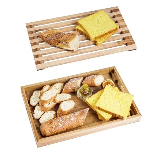 Nuvograin Wood Bread Cutting Board With Slicer, Crumb Tray and Holder - Serving Tray for Kitchen, Color Combination Design - For Cake, Bagels - 9.53" Wide x 1.46" Tall - Image 1